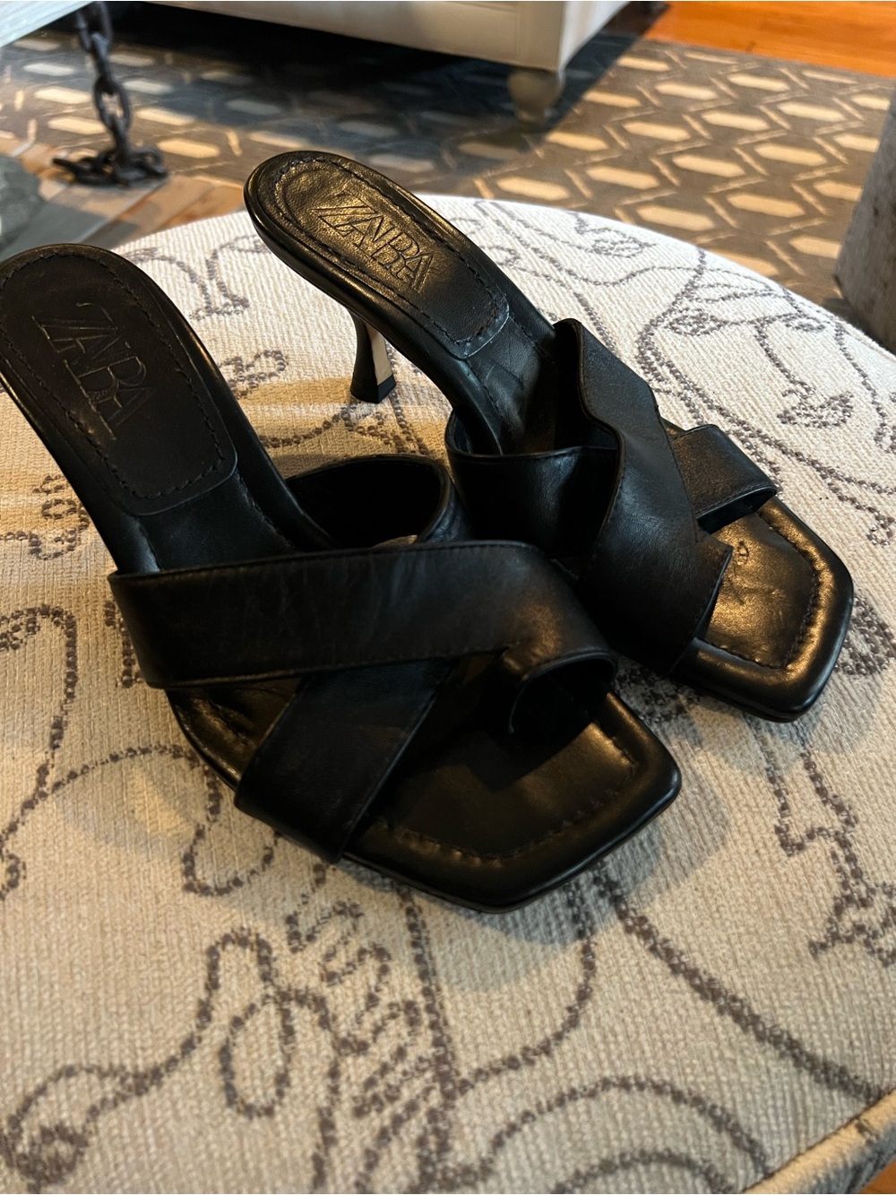 Zara Black Leather Crisscross Square-Toe Mule Heels